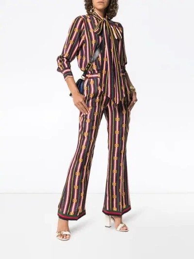 Shop Gucci Chain And Stripe Print Silk Trousers In Blue