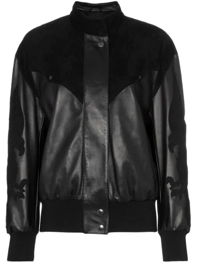Shop Montana Embroidered Panelled Leather Bomber Jacket In Black