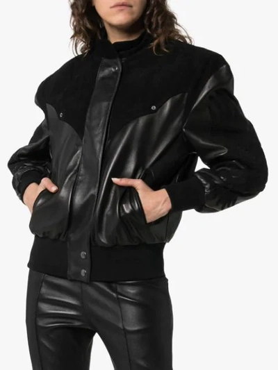 Shop Montana Embroidered Panelled Leather Bomber Jacket In Black