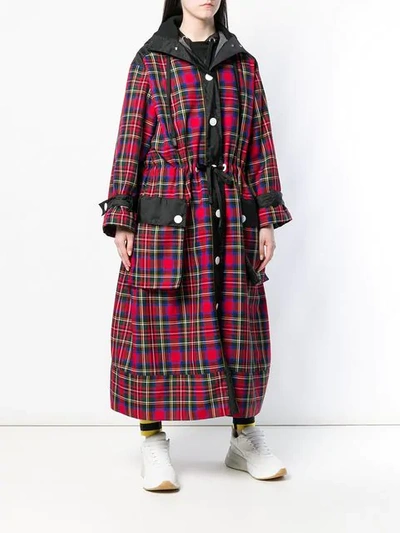 Shop No Ka'oi Long Hooded Plaid Coat In Red