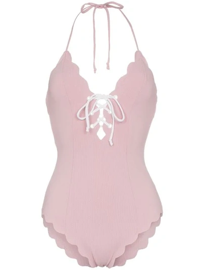 Shop Marysia Broadway Lace Up Scallop Trim Swimsuit In Pink
