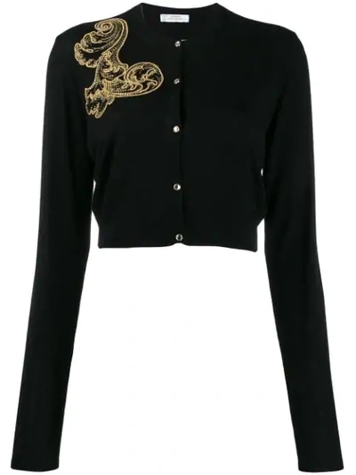 Shop Versace Embroidered Cardigan In Black