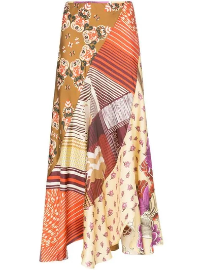 Shop Chloé Floral Patchwork Print Silk Skirt In Green ,purple