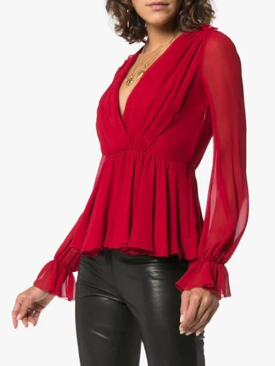 Shop Giambattista Valli V-neck Long Sleeve Silk Top In Red