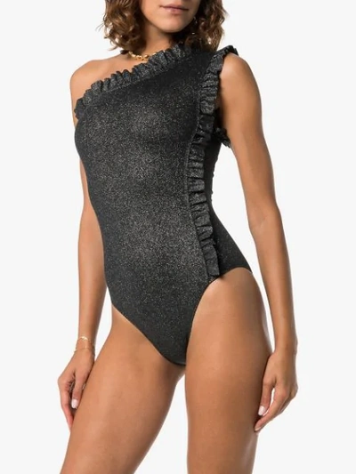 Shop Leslie Amon Tami Ruffle One Shoulder Swimsuit In Black