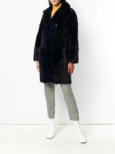 Shop Desa Collection Double Breasted Fur Coat In Blue