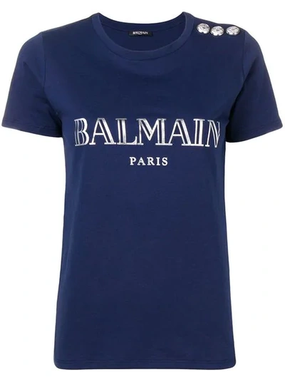 Shop Balmain Button Detail Logo T-shirt In Blue