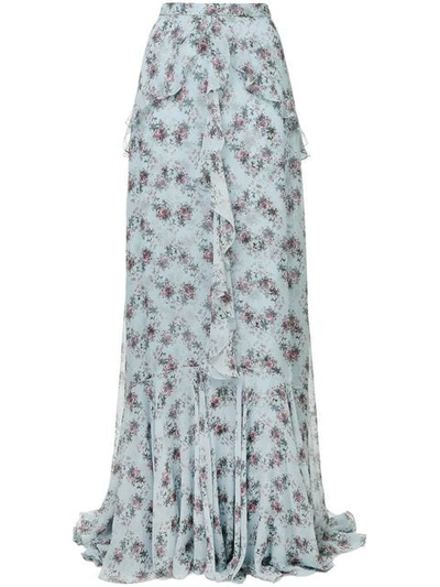 Shop Erdem Draped Floral Maxi Skirt In Blue/pink