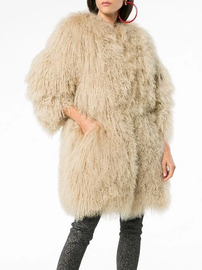 Shop Saint Laurent Oversized Mongolian Lamb Fur Coat In Neutrals