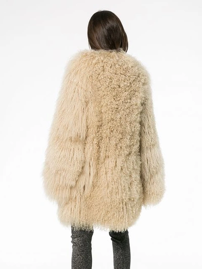 Shop Saint Laurent Oversized Mongolian Lamb Fur Coat In Neutrals