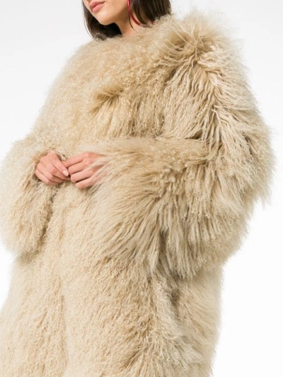 Shop Saint Laurent Oversized Mongolian Lamb Fur Coat In Neutrals