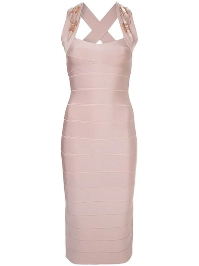 Shop Herve Leger Beaded Appliqué Midi Dress In Pink