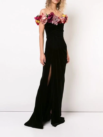 Shop Marchesa Velvet Flower Dress In Black