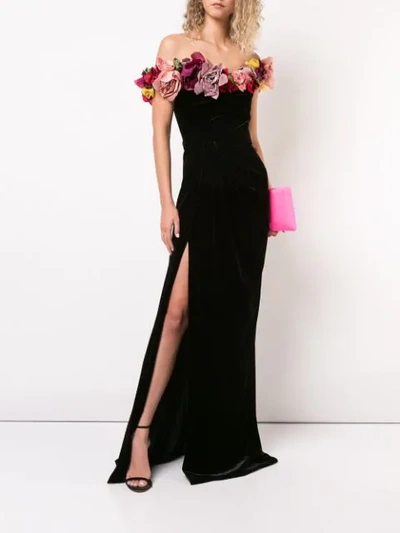 Shop Marchesa Velvet Flower Dress In Black