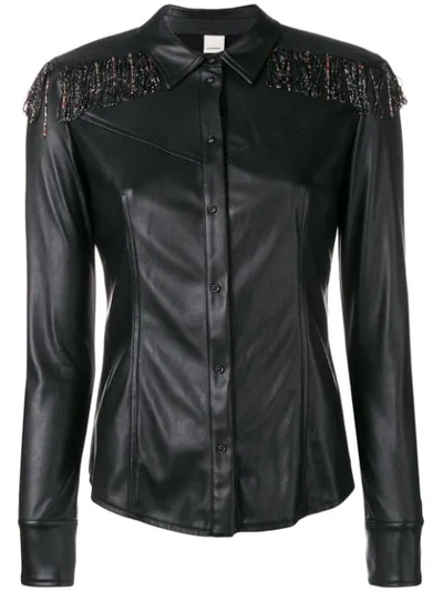 Shop Pinko Beaded Fringe Faux Leather Shirt In Black