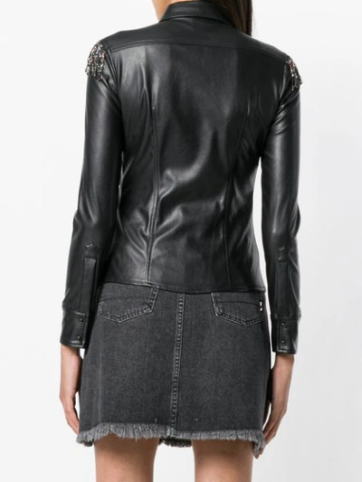 Shop Pinko Beaded Fringe Faux Leather Shirt In Black