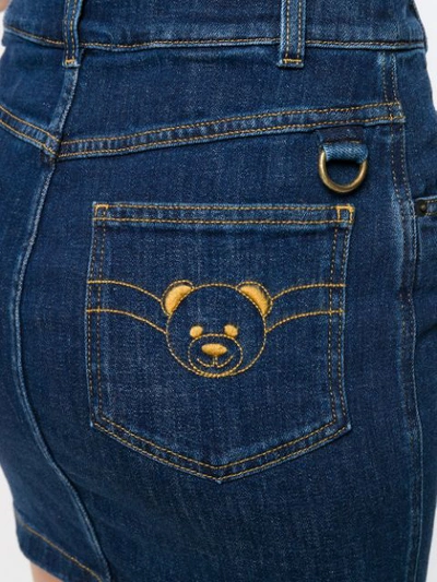 Shop Moschino Bear-embroidered Denim Mini Skirt In Blue