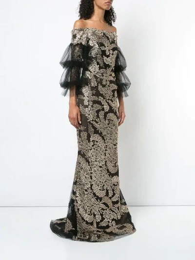 Shop Marchesa Embroidered Off-the-shoulder Gown In Black