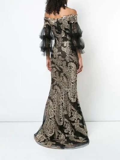 Shop Marchesa Embroidered Off-the-shoulder Gown In Black