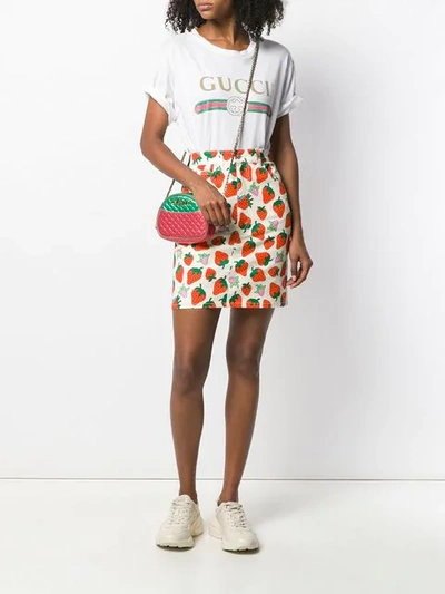 Shop Gucci Denim Skirt With  Strawberry In Neutrals