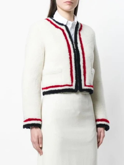 Shop Thom Browne Zip Up Cardigan Jacket With Red, White And Blue Intarsia In Dyed Shearling