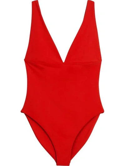 Shop Burberry V-neck Swimsuit In Red