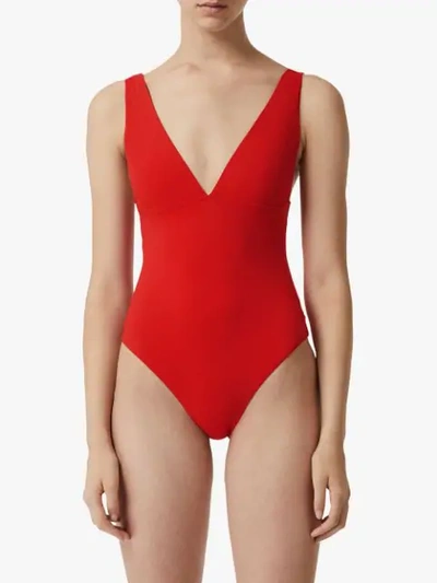 Shop Burberry V-neck Swimsuit In Red