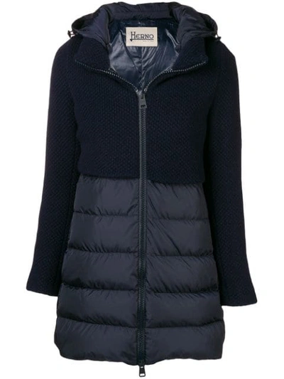 Shop Herno Knit Panel Padded Coat In Blue