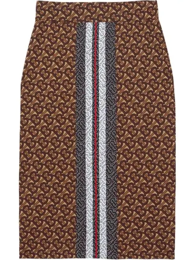 Shop Burberry Jemmi Monogram Print Jersey Pencil Skirt - Braun In Brown