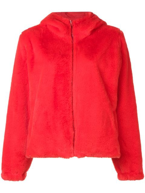red faux fur hooded jacket