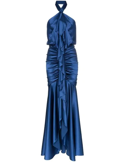 Shop Alexandre Vauthier Silk Ruffled Halterneck Gown In Blue