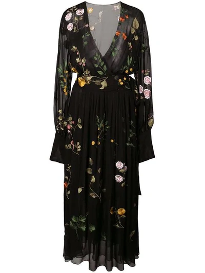 OSCAR DE LA RENTA 花卉刺绣裹身式连衣裙 - 黑色