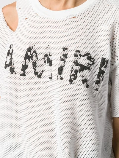 Shop Amiri Ripped Basket Mesh Logo Tee In White