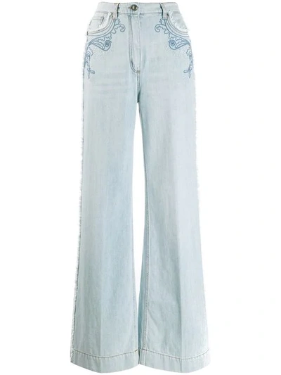 Shop Etro Embroidered Wide Leg Jeans In Blue