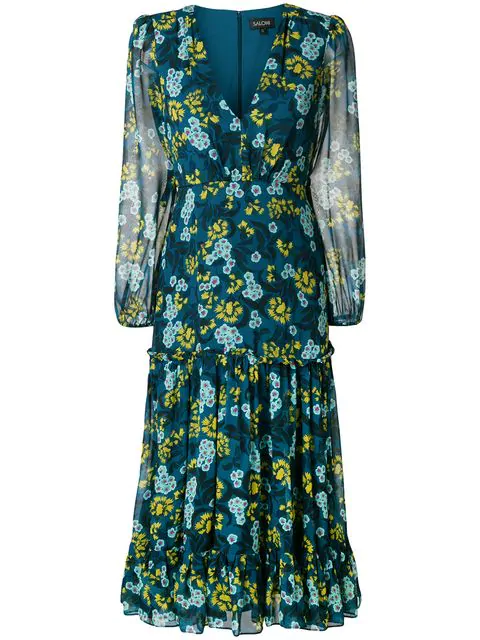 Saloni Floral Print Longsleeved Dress In Blue | ModeSens