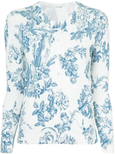 Shop Oscar De La Renta Floral Print Cardigan In Blue