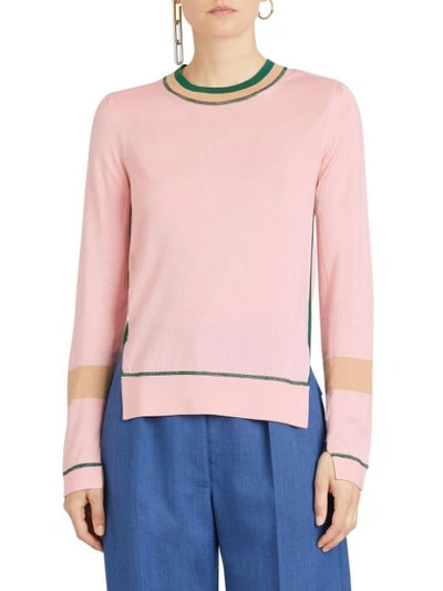 Shop Burberry Stripe Detail Silk Cashmere Longline Sweater - Pink