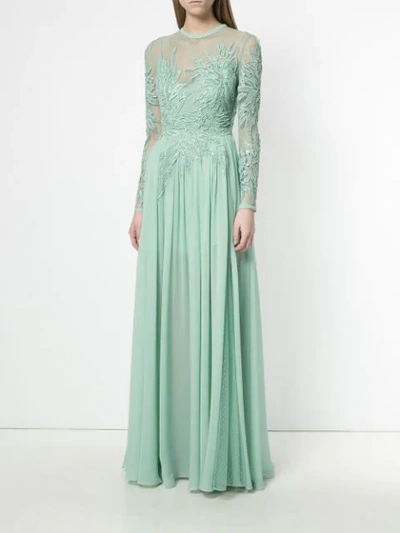 Shop Elie Saab Long-sleeve Embroidered Dress In Green