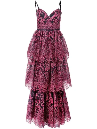 Shop Marchesa Notte Floral Embroidered Tiered Gown In Blue ,pink