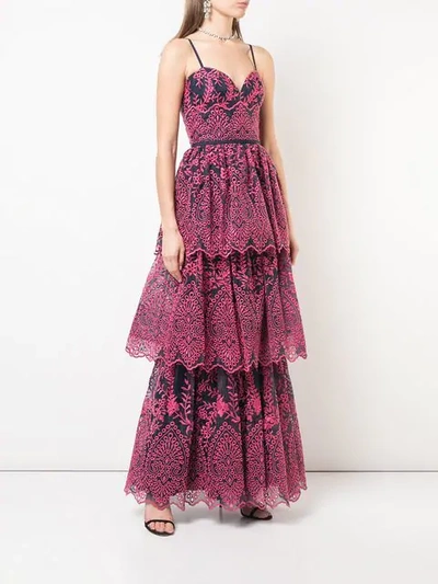 Shop Marchesa Notte Floral Embroidered Tiered Gown In Blue ,pink