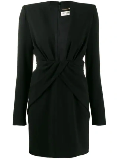 Shop Saint Laurent Ruched Plunge Bodycon Dress In Black