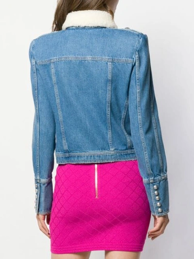 Shop Balmain Cropped Denim Jacket In Blue