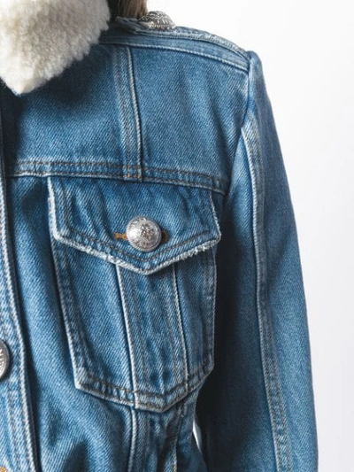 Shop Balmain Cropped Denim Jacket In Blue