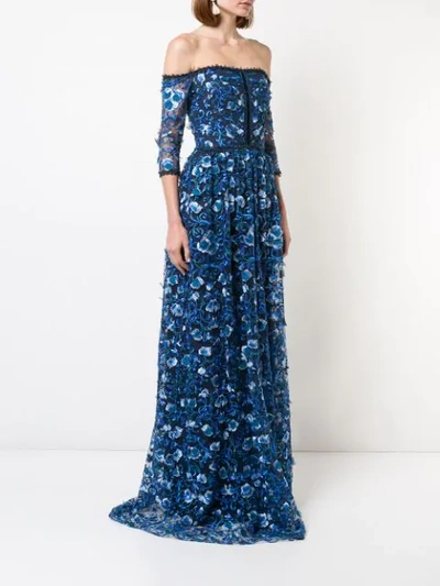 Shop Marchesa Notte Off-the-shoulder Floral-print Gown In Blue