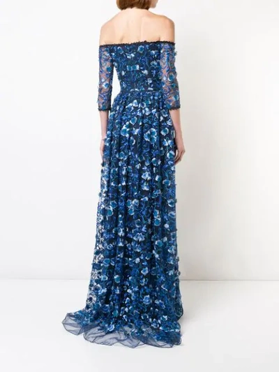 Shop Marchesa Notte Off-the-shoulder Floral-print Gown In Blue