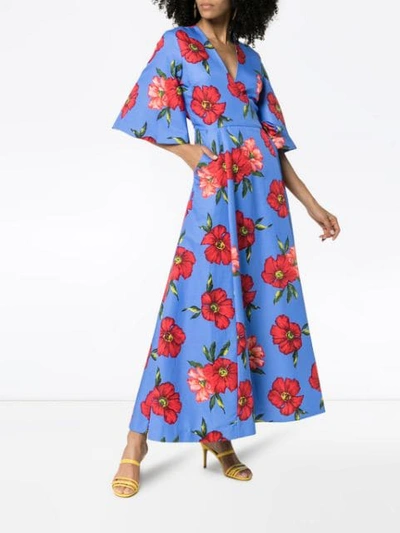 REBECCA DE RAVENEL FLORAL PRINT SILK WRAP DRESS - 蓝色