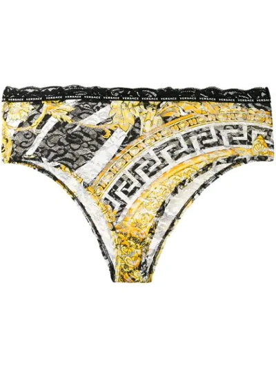 Shop Versace Baroque Print Lace Briefs  In Black