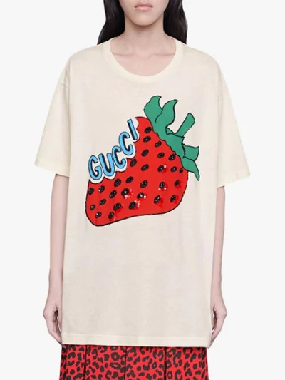 Shop Gucci Oversize Cotton T-shirt With Strawberry In White