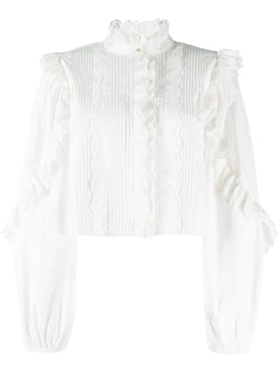 Shop Ulla Johnson Cropped Ruffled Blouse In Bla Blanc