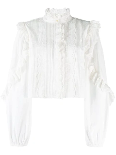 ULLA JOHNSON CROPPED RUFFLED BLOUSE - 白色